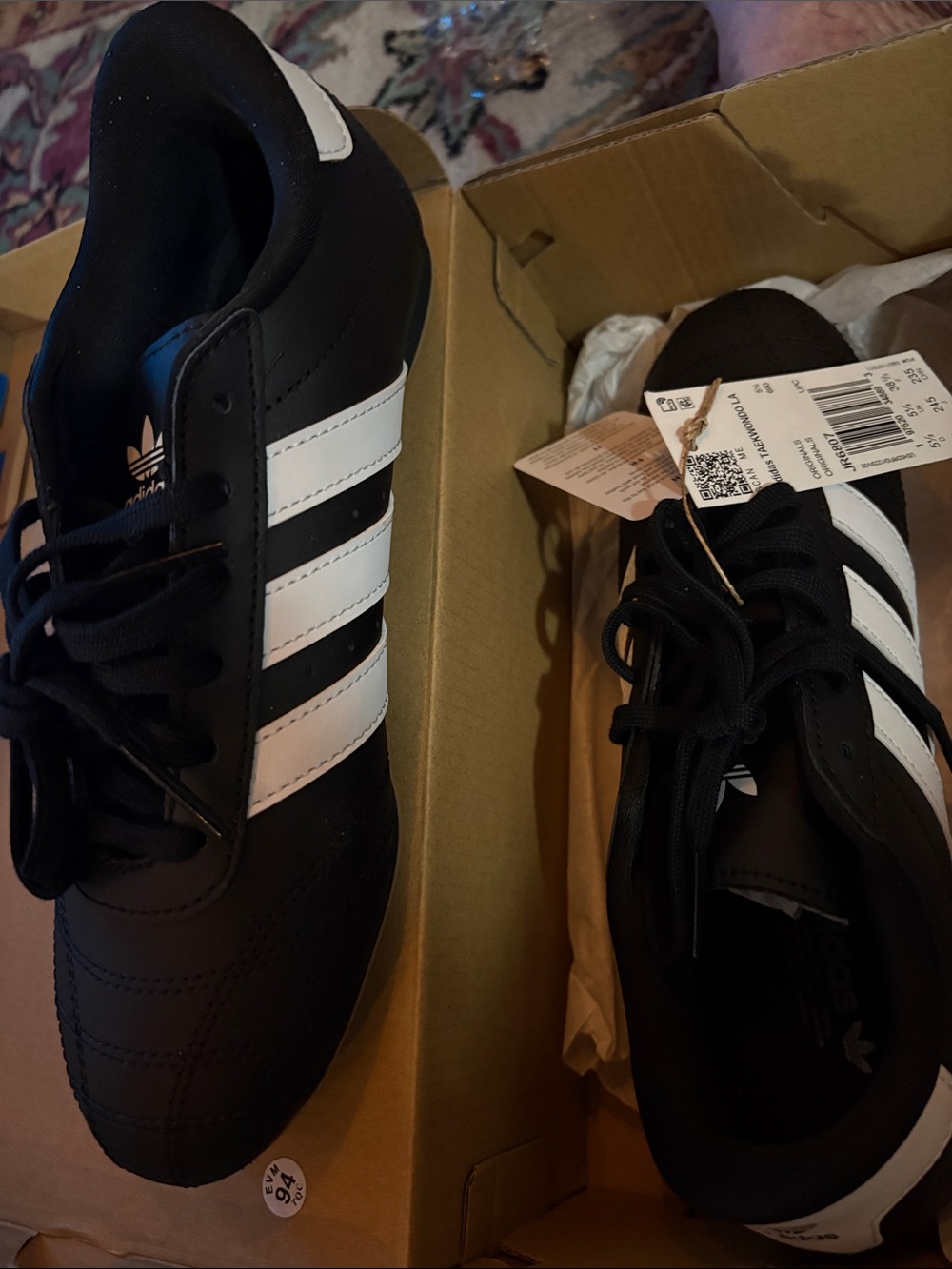 adidas taekwondo ,youth 6, woman’s 7, Black and White Three-Stripe Sneakers
